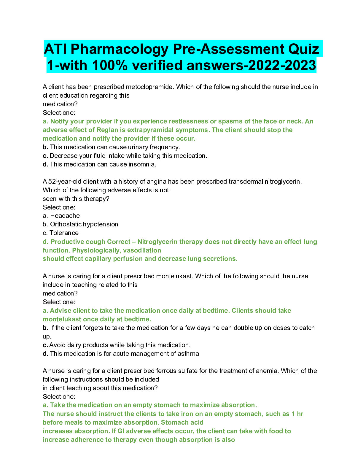 ATI Pharmacology Pre-Assessment Quiz 1-with 100% verified answers-20… | ScholarFriends